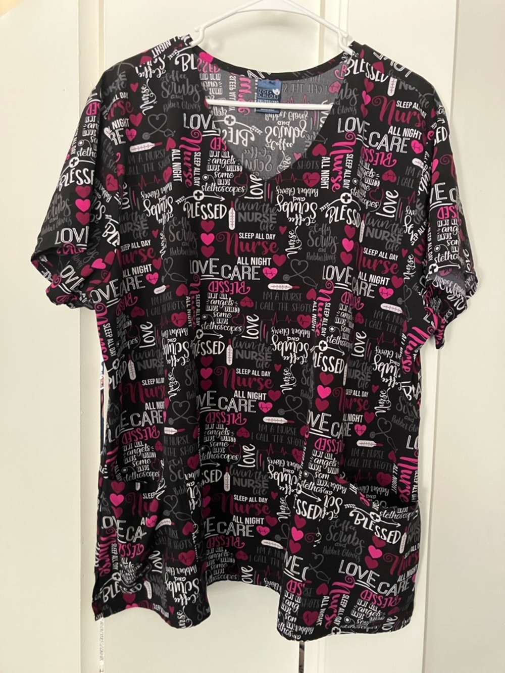 Black & Pink Nurse Print V-Neck Women’s Scrub Top
